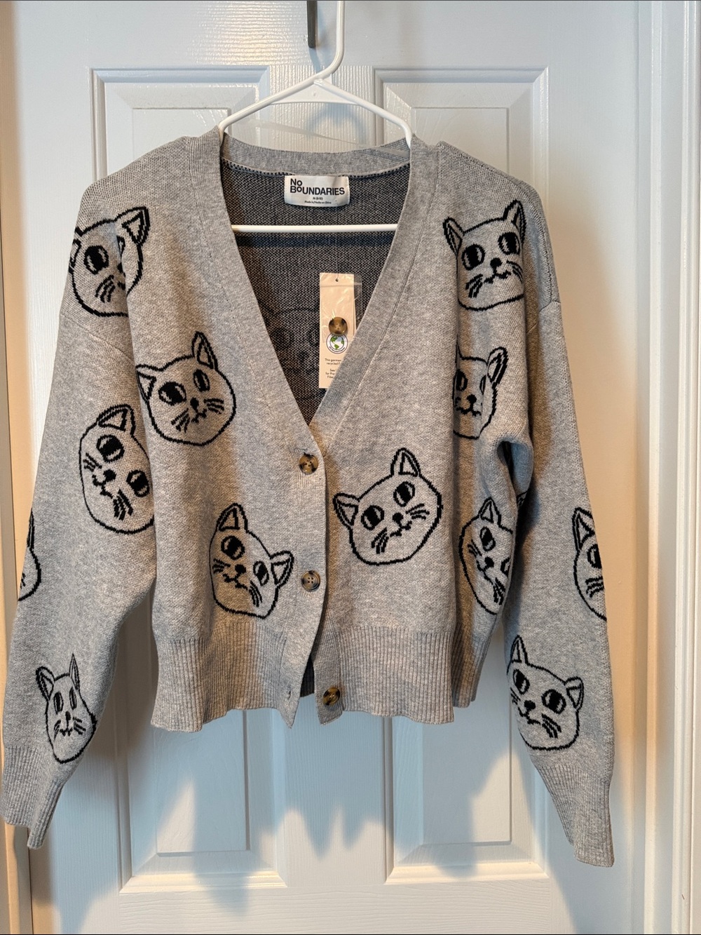 No Boundaries Gray Cat Face V-Neck Button Cardigan